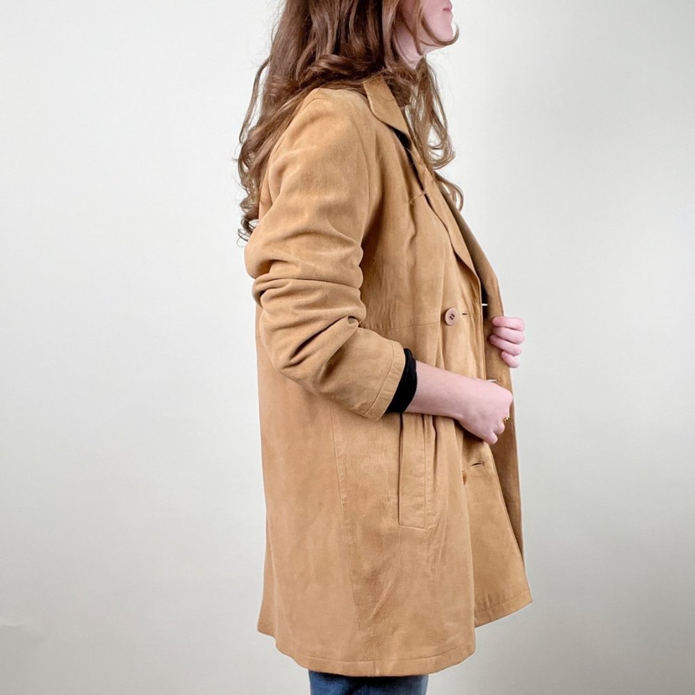 Vintage Suede Leather Camel Double Breasted Peacoat Trench Jacket Coat Shacket - Picture 4 of 7